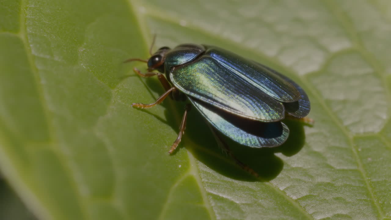 Metallic Beetle on a Green Leaf