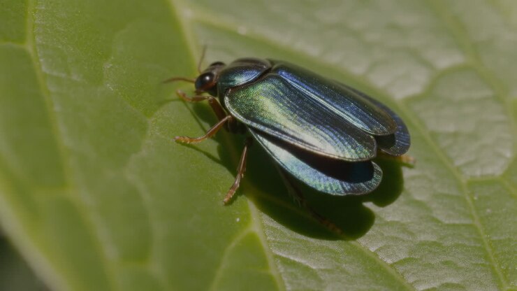 Scarabeo metallico su una foglia verde.