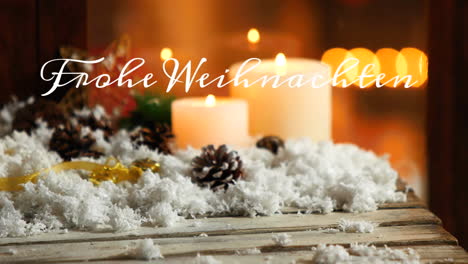 animation of german christmas greetings text over candles christmas decorations