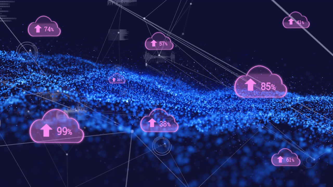 Animation of cloud icons with growing numbers over blue shapes and network of connections