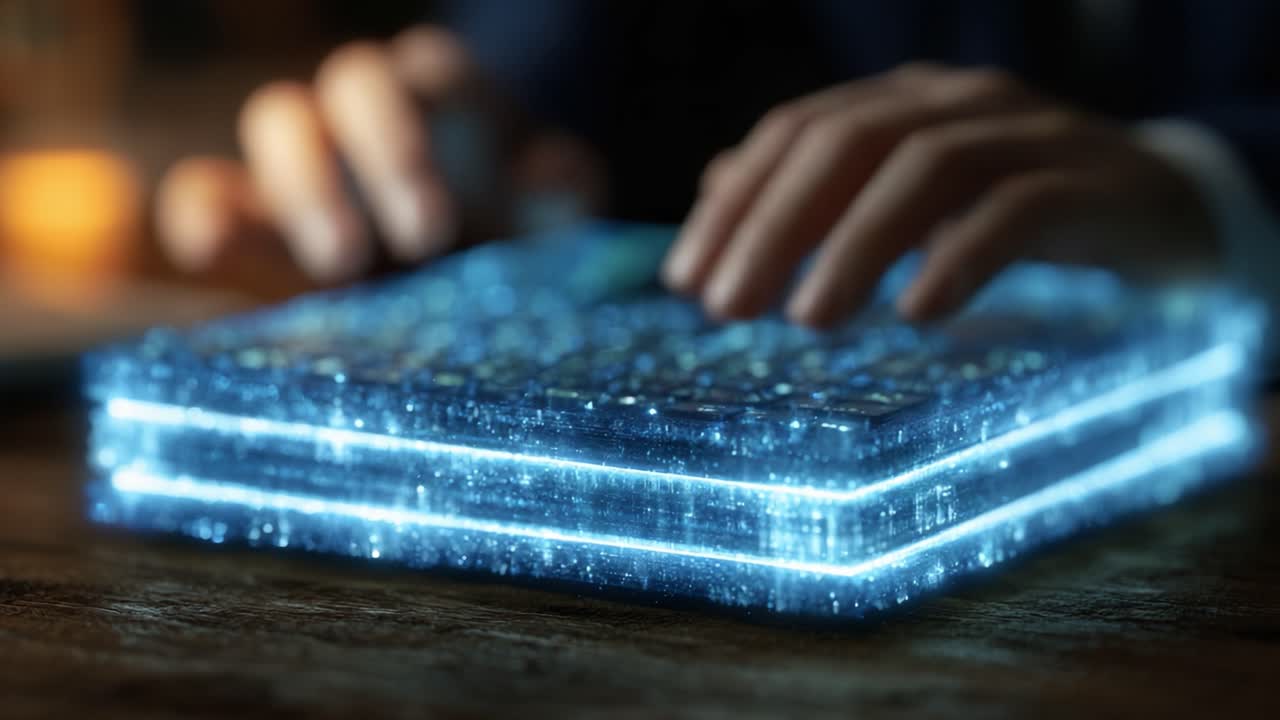 Futuristic Interface: A Close-Up of a Holographic Device with Interactive Controls and Glowing Elements, Designed for Advanced Technology Applications