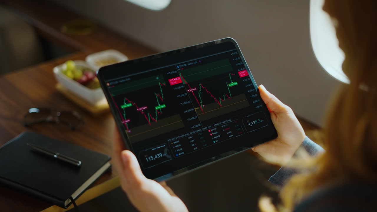 Woman Analyzing Stock Market Data on a Tablet in a Private Jet