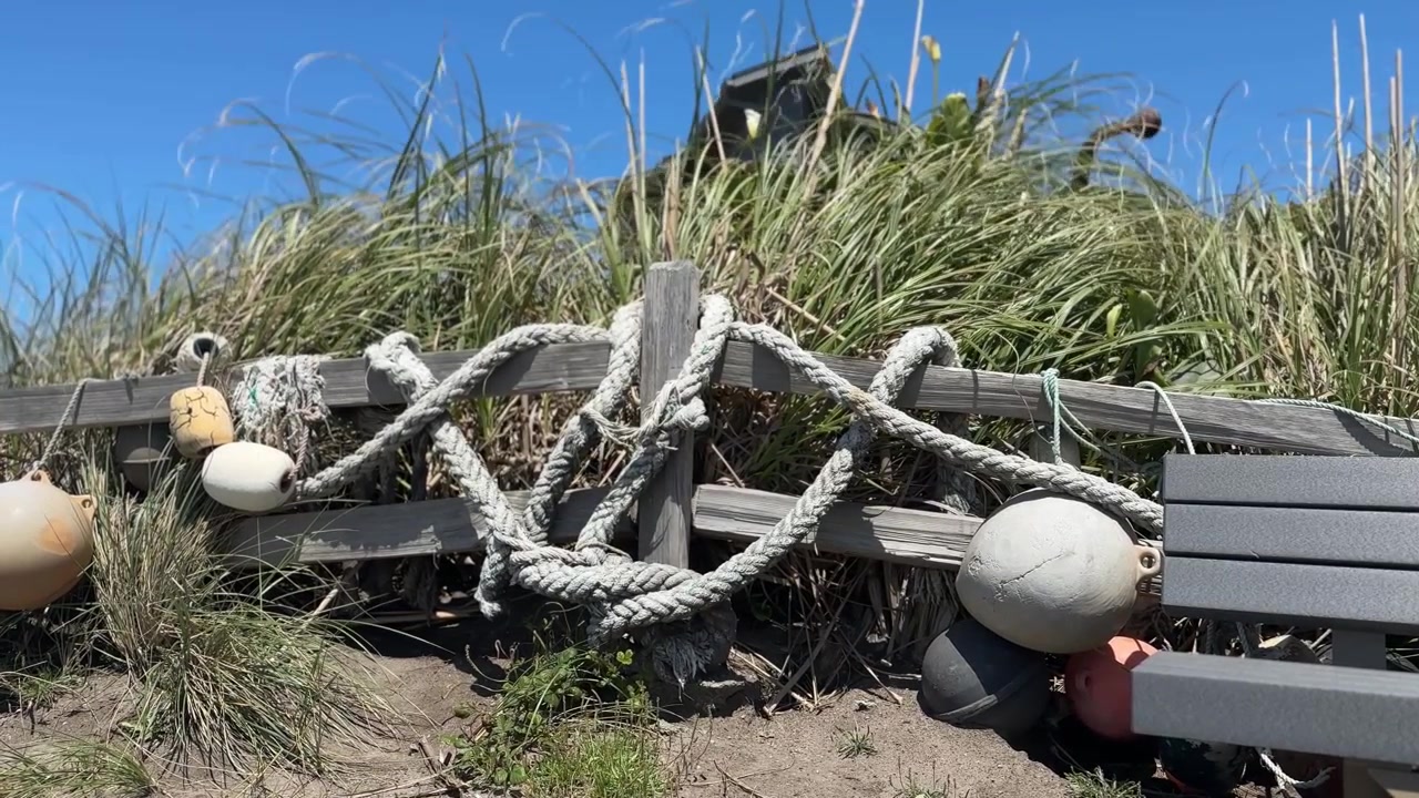 Recinzione in legno stagionato adornata con corde nautiche aggrovigliate e boe, sullo sfondo di erba delle dune mossa dal vento sulla costa dell'Oregon sotto cieli azzurri e limpidi