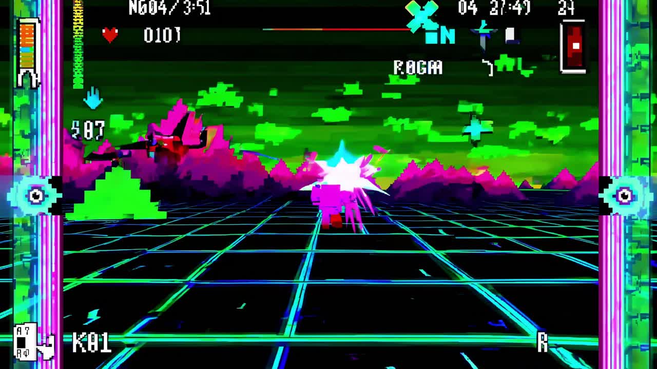 Pixelated spaceship flying over a neon grid and shooting laser beams in a retro arcade style video game with a vibrant and colorful aesthetic