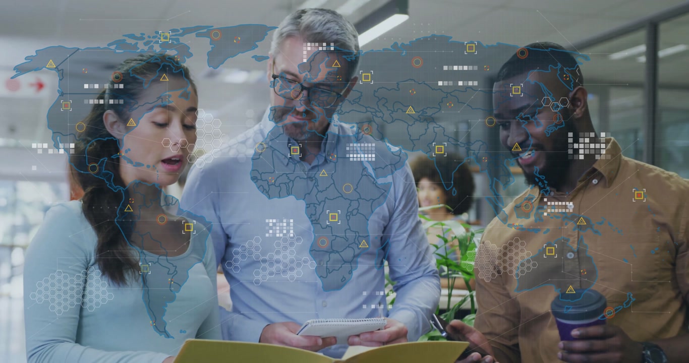 Team opening folder and writing notes, tapping phone while map overlay expanding for global data