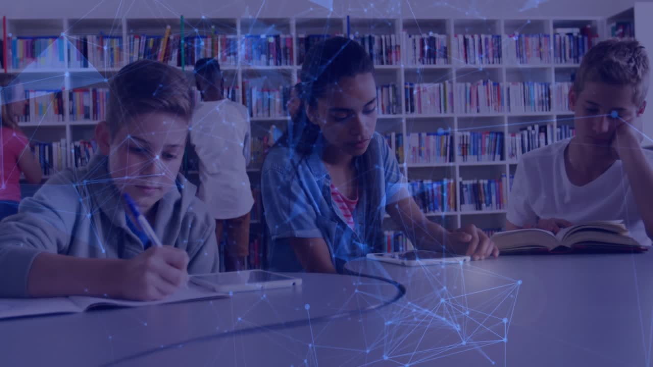 Students writing notes scrolling tablet and reading book at library while network overlay pulsating
