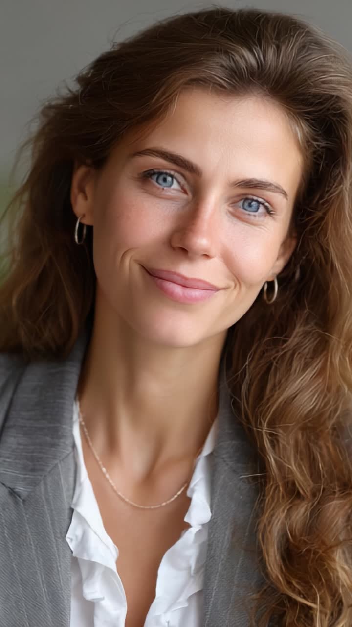Captivating Close-Up of a Confident Young Woman with Beautiful Blue Eyes and Flowing Hair, Exuding Professionalism and Charm in a Suit Setting