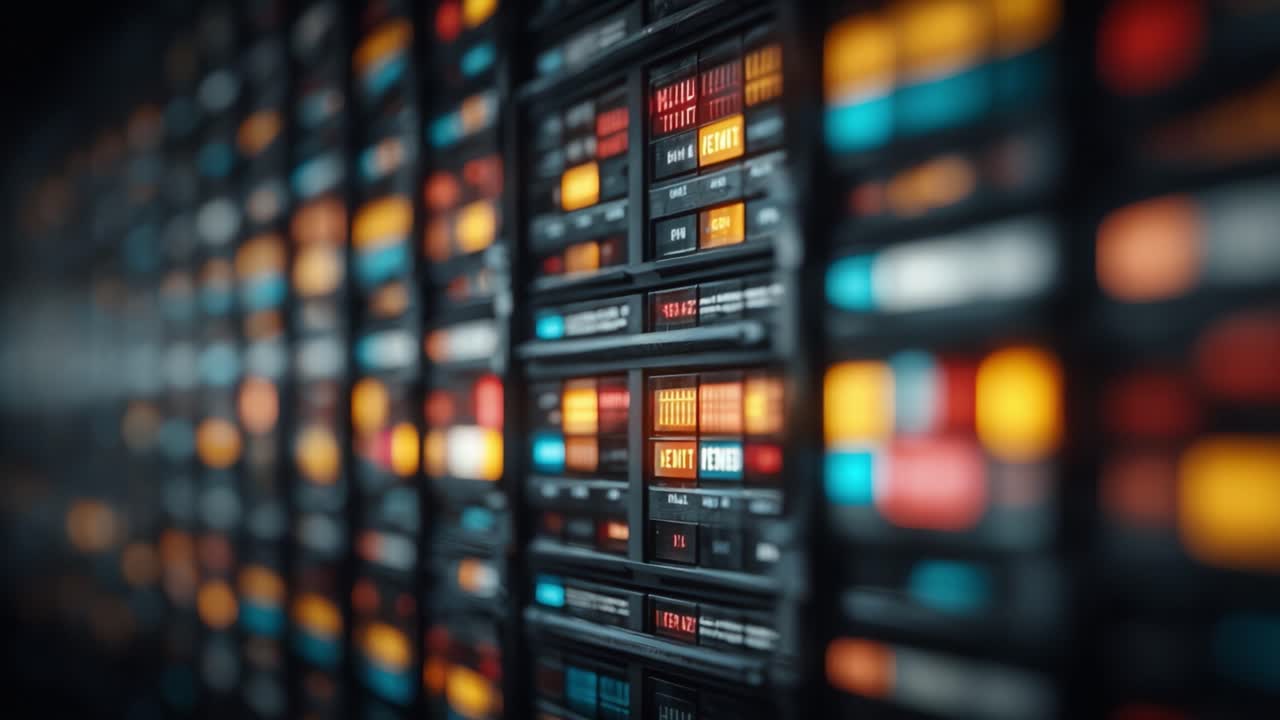 Primo piano di una sofisticata parete espositiva digitale che pulsa con colori vivaci e controlli dinamici, mostrando tecnologia moderna e design di interfacce.