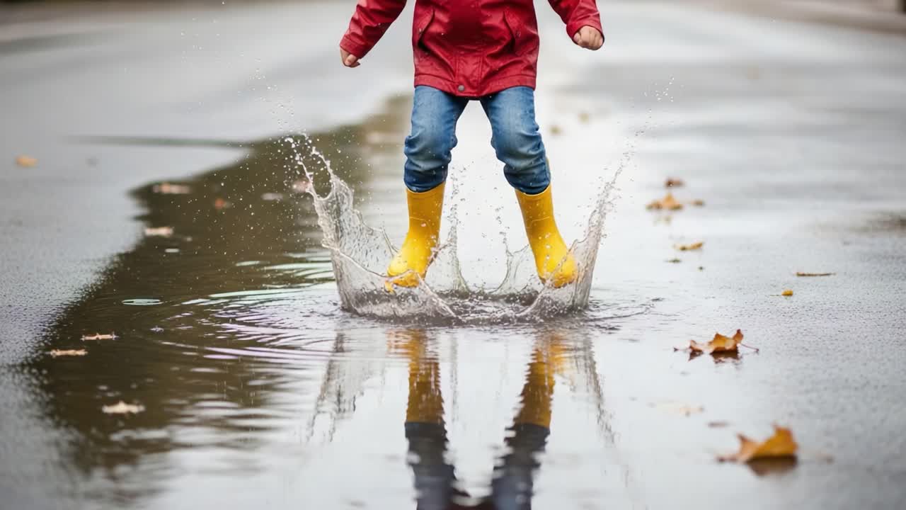 Joyful Child in Yellow Rain Boots Splashes in Puddles on a Rainy Day, Embracing the Fun of Nature while Playing Outdoors and Making Memories