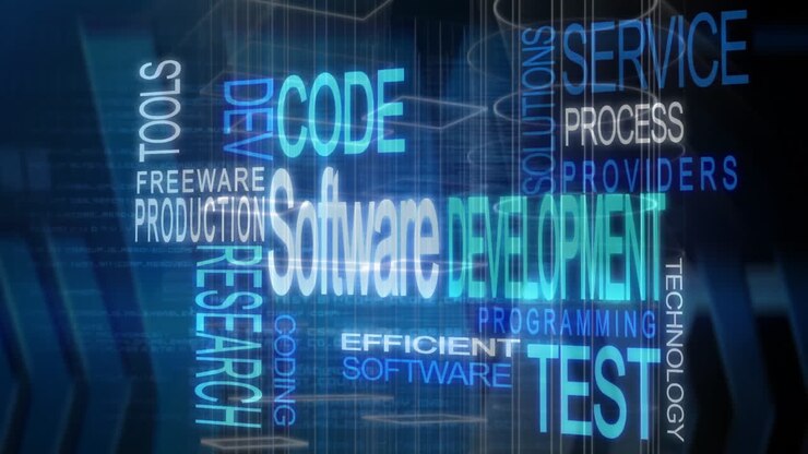 Animation of software development keywords floating over digital technology background