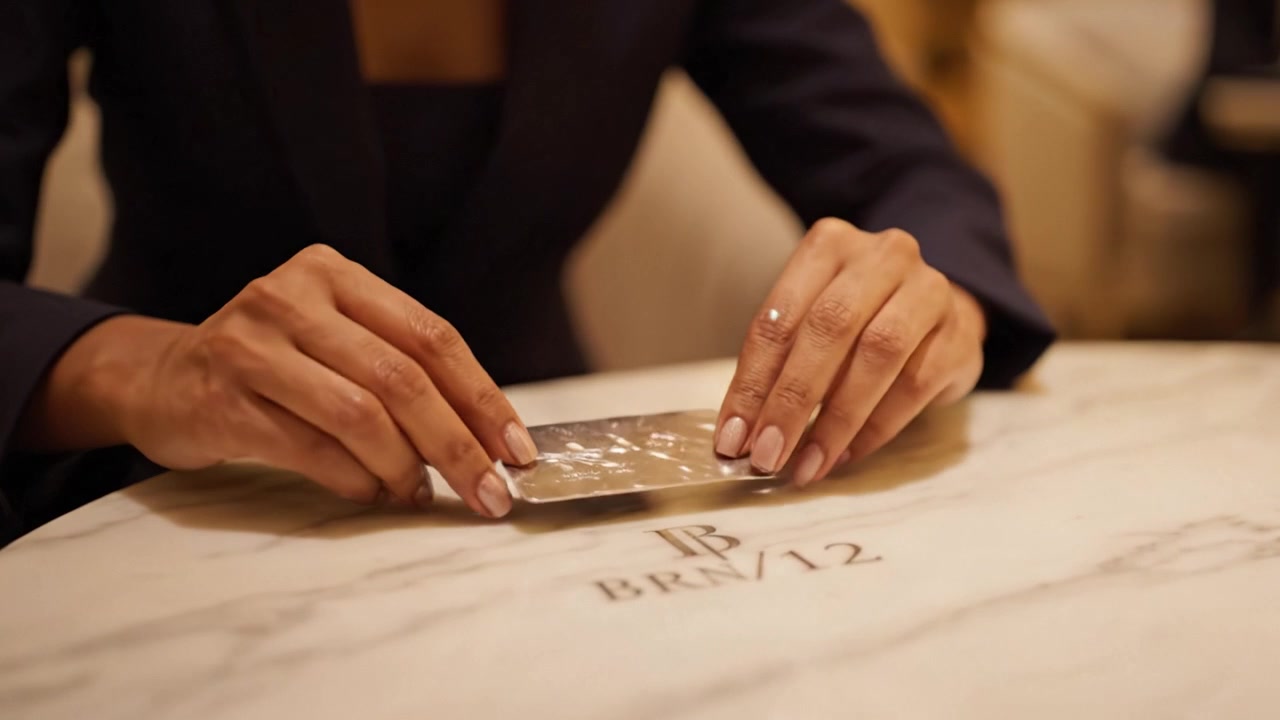 Une femme élégante examine une carte de crédit raffinée sur une table en marbre, illuminée par une lumière douce dans un cadre luxueux qui respire la sophistication et le style.