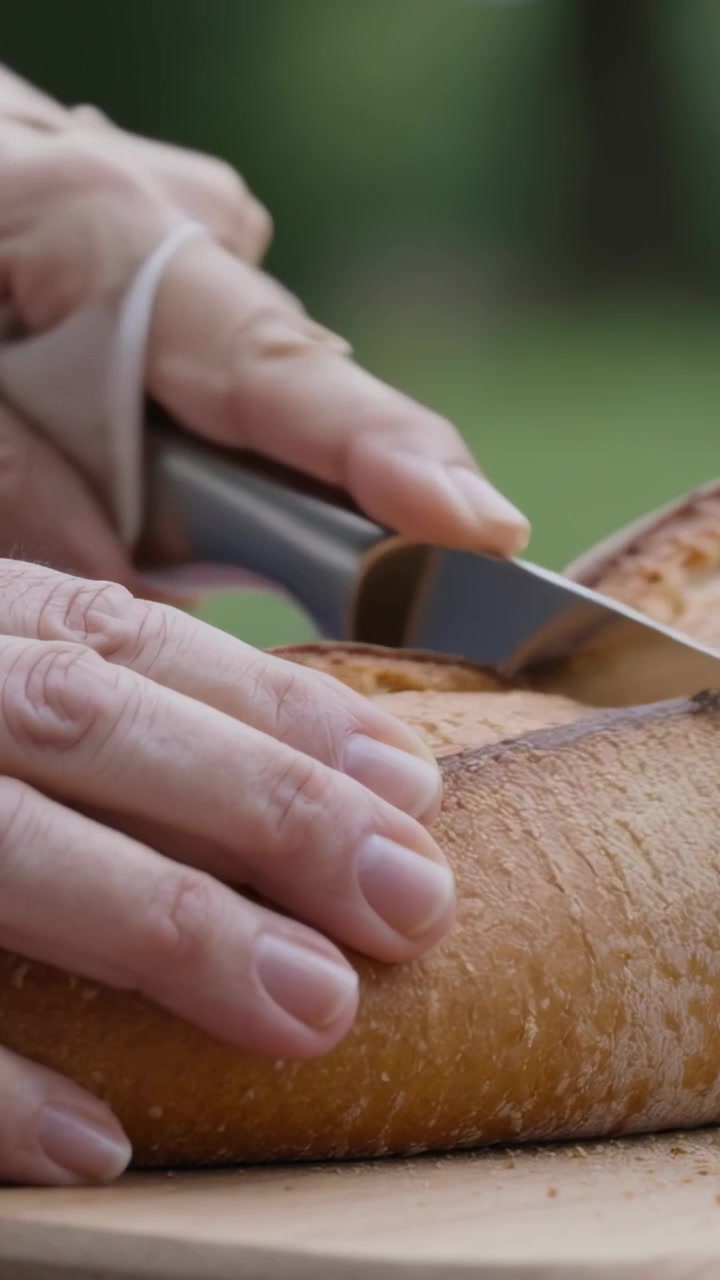 Vertical video: Tip touching crust, aged hands sawing bread to eat on board in yard, serrated knife