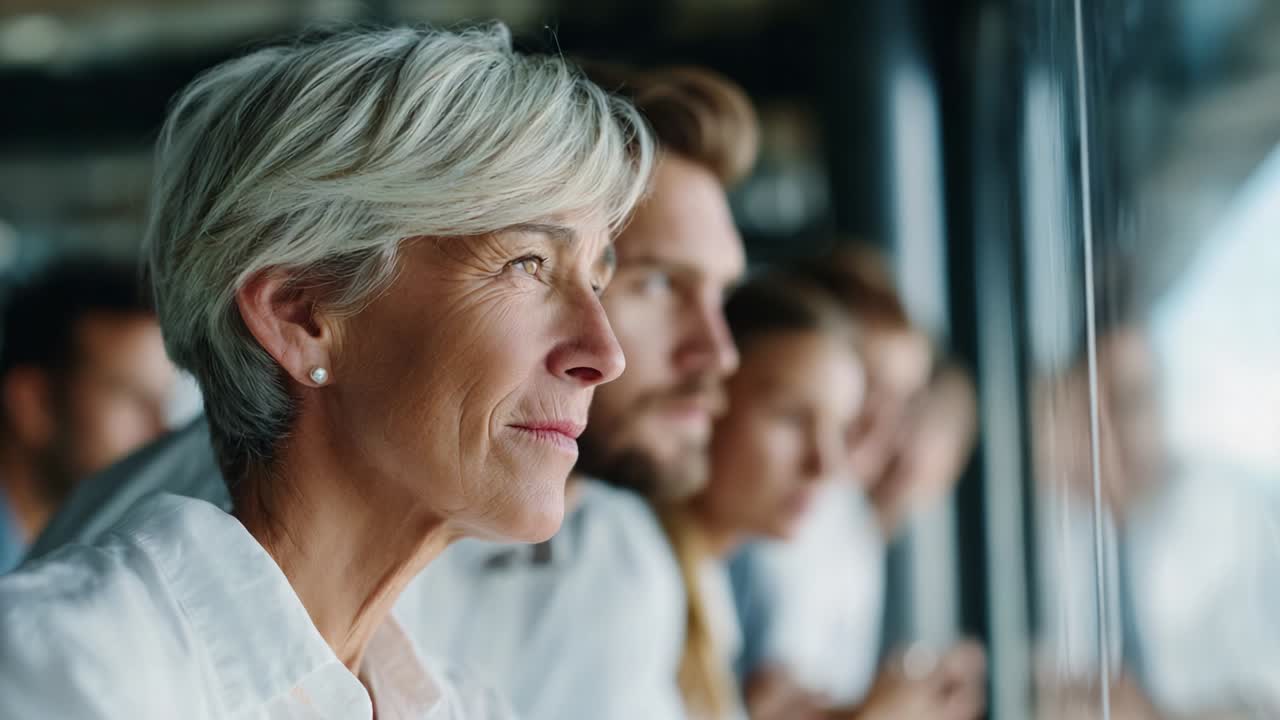 A contemplative group of individuals gazing out of a large window, reflecting on thoughts and experiences while showcasing a range of emotions in a serene and inspiring atmosphere