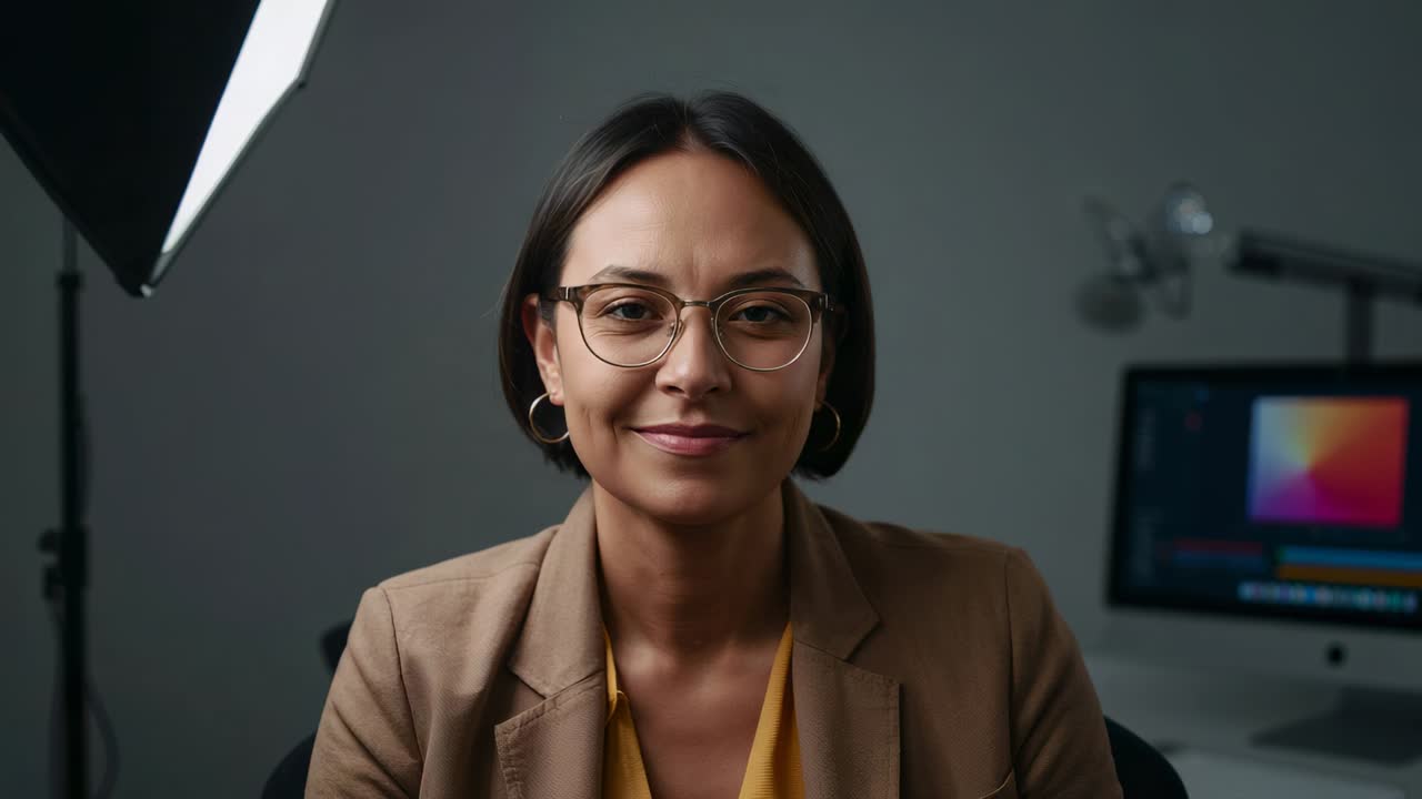 Presentador con gafas, chaqueta color canela y tomando notas, hablando a cámara en un estudio con softbox
