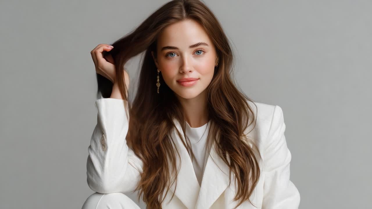 A Charming Portrait of a Young Woman in a Stylish White Suit, Radiating Confidence and Elegance with a Soft Smile and Long Hair Against a Neutral Background