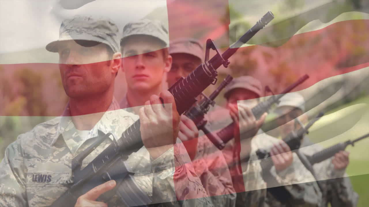 Holding rifles, soldiers with flag animation overlay in outdoor setting