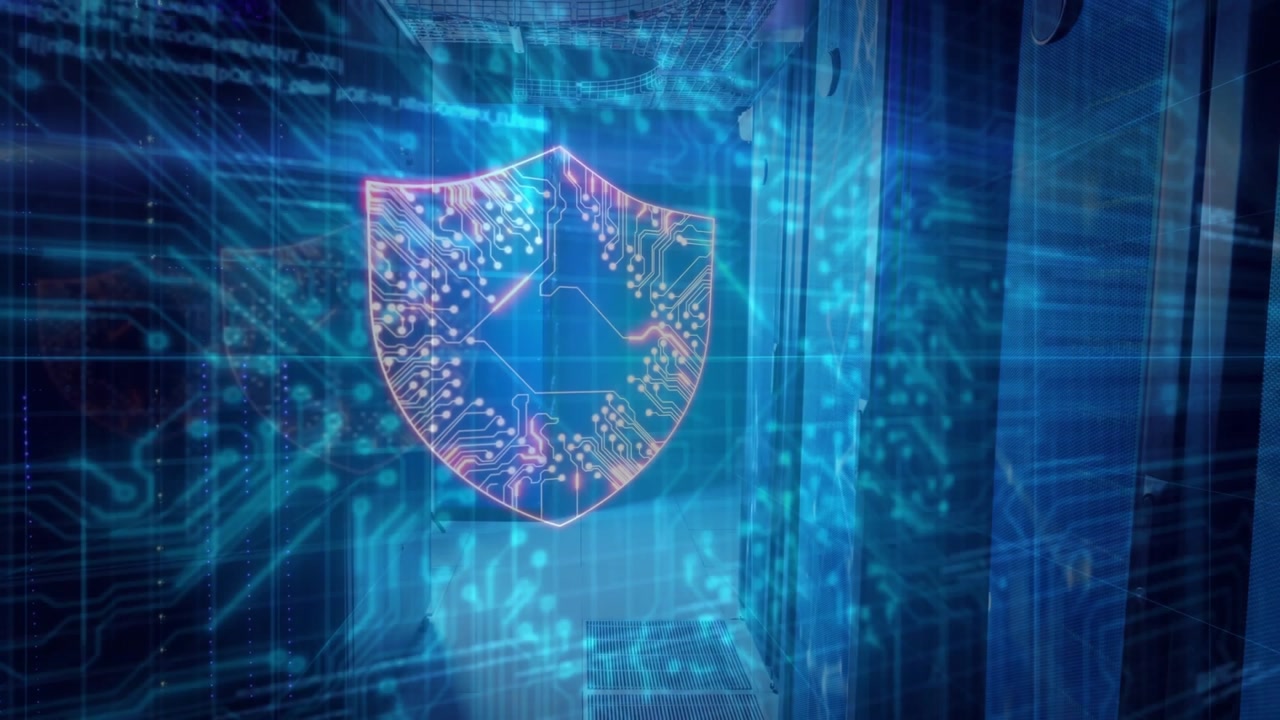 Ray pulsing through server aisle forming glowing shield illustrating data security protection