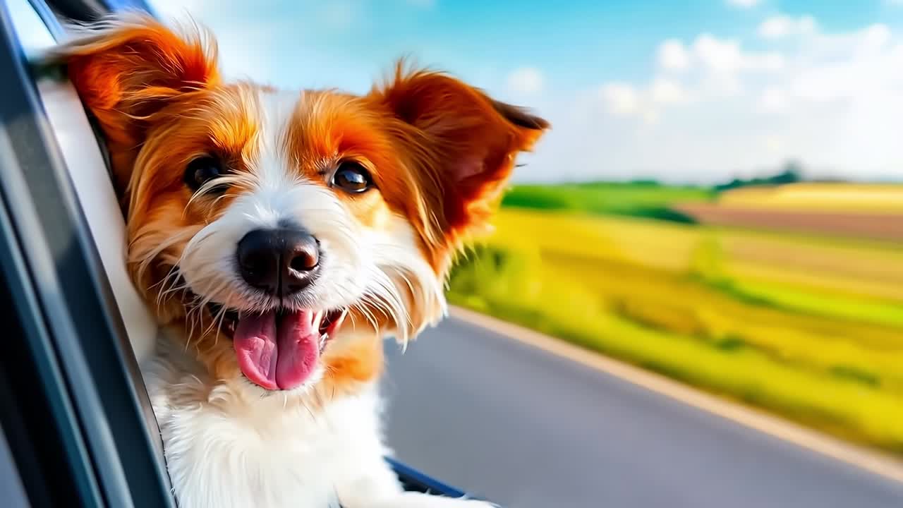A dog sticking its head out the window of a car on the road
