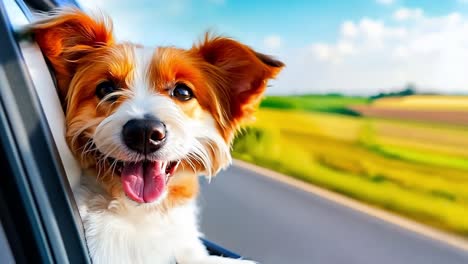 un perro sacando la cabeza por la ventana de un coche en la carretera