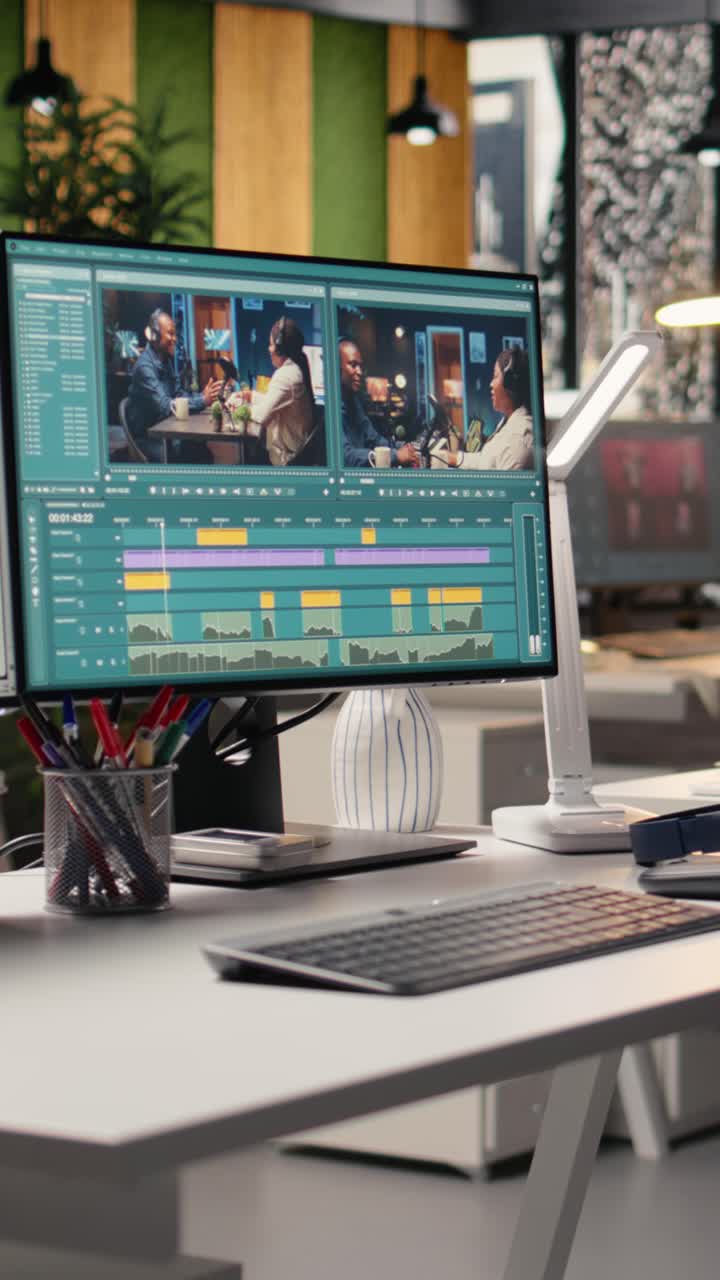 Vertical Video Empty Office Desk With Computer Running Movie Editing Software