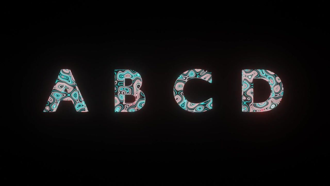 4K-videoanimaatio kauniista tekstuurin tai kuvion muodostumisesta tekstissä A B C D, eristettynä mustalla taustalla. 3D-renderöity abstrakti silmukka-animaatio neonvalotehosteella kirjaimissa A B C D