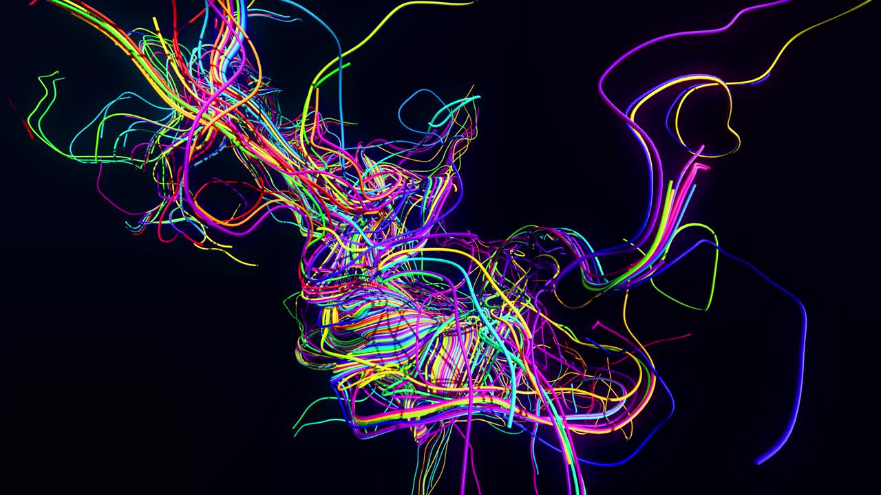AI signals. 4k abstract looped bg. Multicolor flash of curved lines. Concept of neural network, artificial intelligence. Running neon lights like garland or lightnings. Luma matte as alpha channel