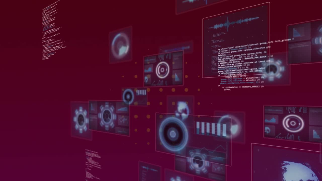 Animation of abstract shape in seamless motion over data processing and scanners on red background