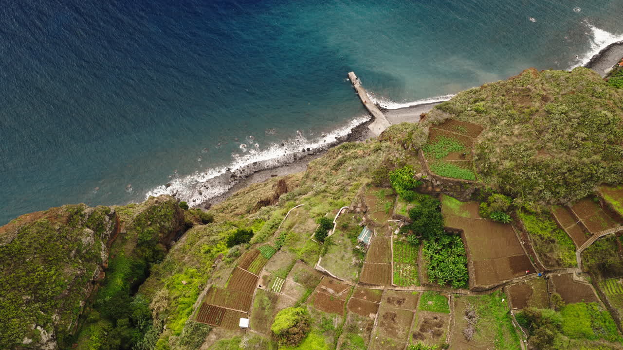 Veduta aerea di una scogliera costiera con campi terrazzati e onde oceaniche.