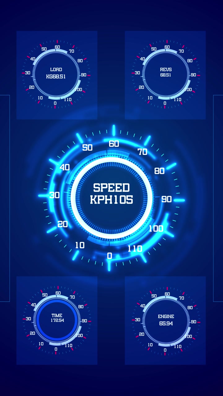 Blue speedometer hud dashboard with glowing circular gauge load panels engine meters and digital