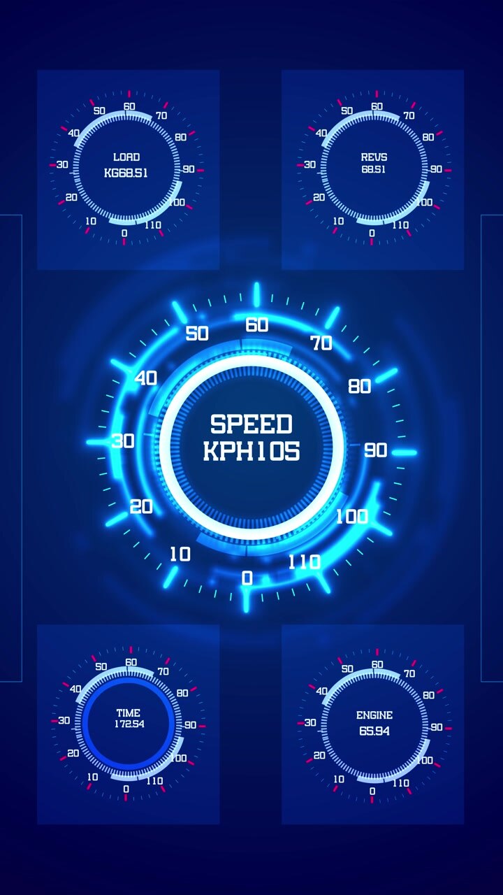 Blue speedometer hud dashboard with glowing circular gauge load panels engine meters and digital