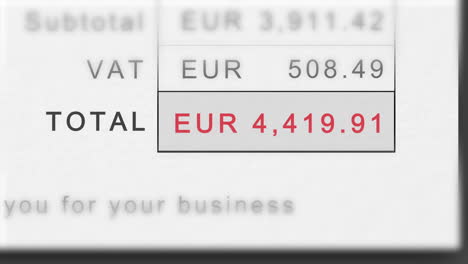 statische animation einer wachsenden rechnungssumme in euro - stilisiert als eur mit umsatzsteuer