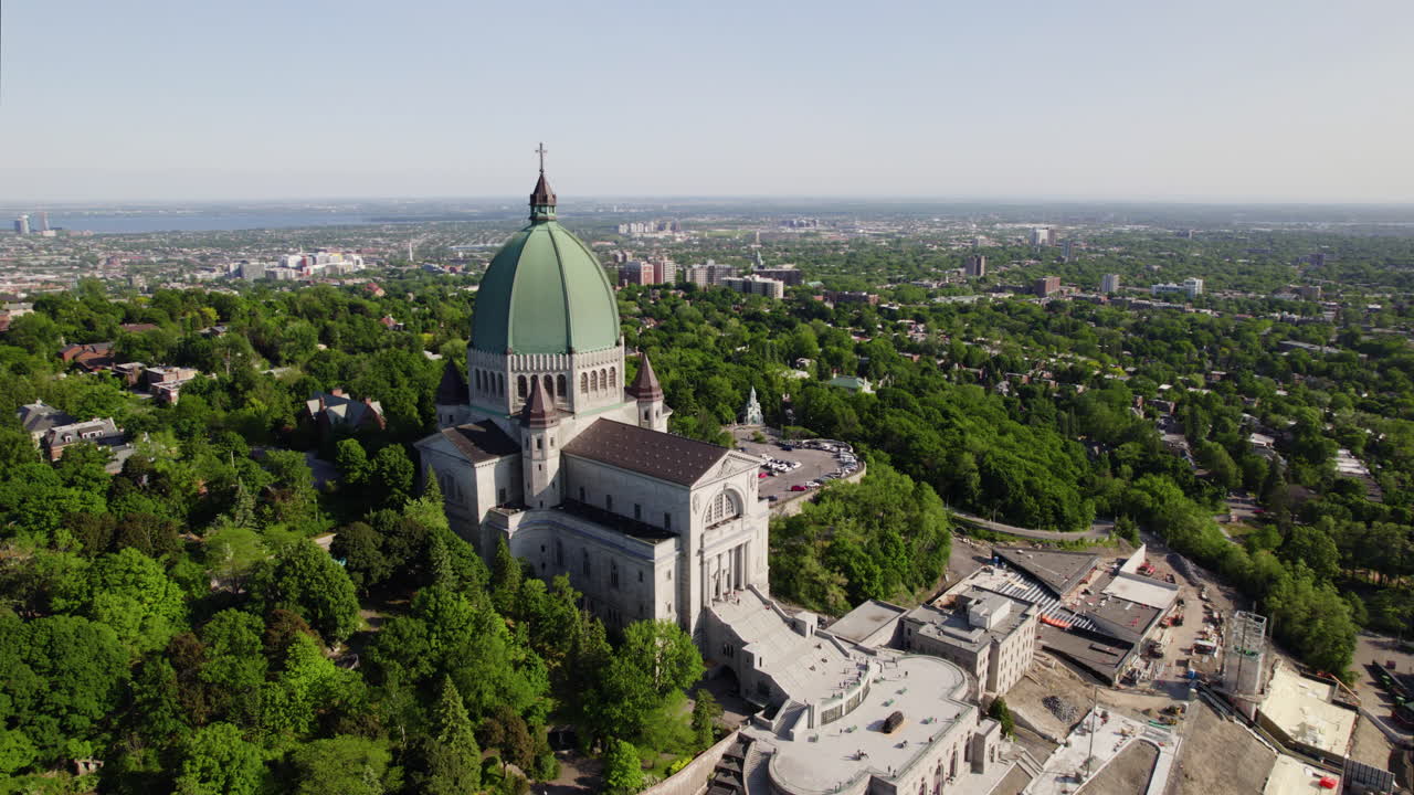 Aerial view flying around the Saint Joseph's Oratory of Mount Royal in Montreal