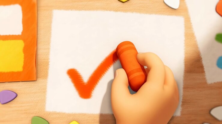 Tæt set ovenfra følger vi en orange farveblyant, der tegner et tydeligt flueben streg for streg på tekstureret hvidt papir, mens farverige farveprøver og hobbyartikler indrammer det blødt oplyste arbejdsbord i træ