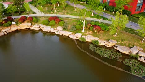 Aerial-view-of-the-artificial-lake-in-Beijing-Jioatong-University-,-Weihai-campus,-China