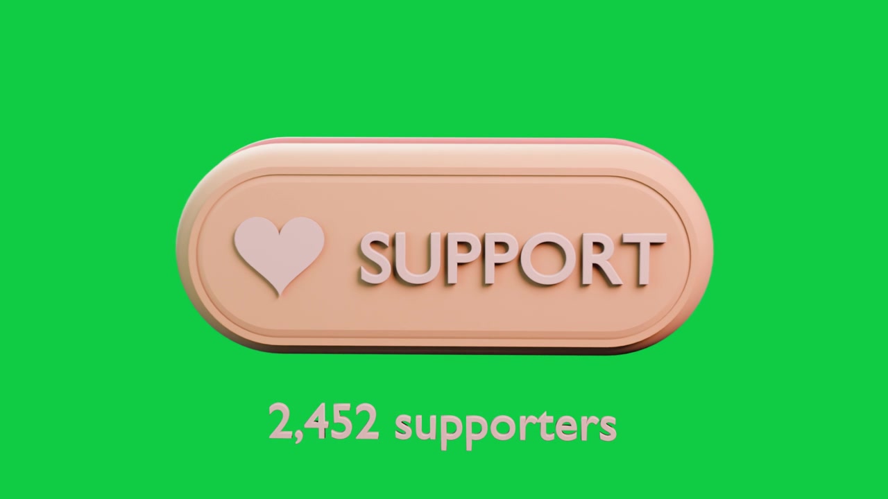 Grande cursore che entra dall'alto a destra premendo il pulsante di supporto 3D, aggiornando i sostenitori a 2.452 su sfondo trasparente.