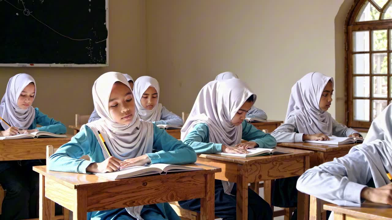 Video stok siswa-siswa berhijab yang fokus menulis di ruang kelas