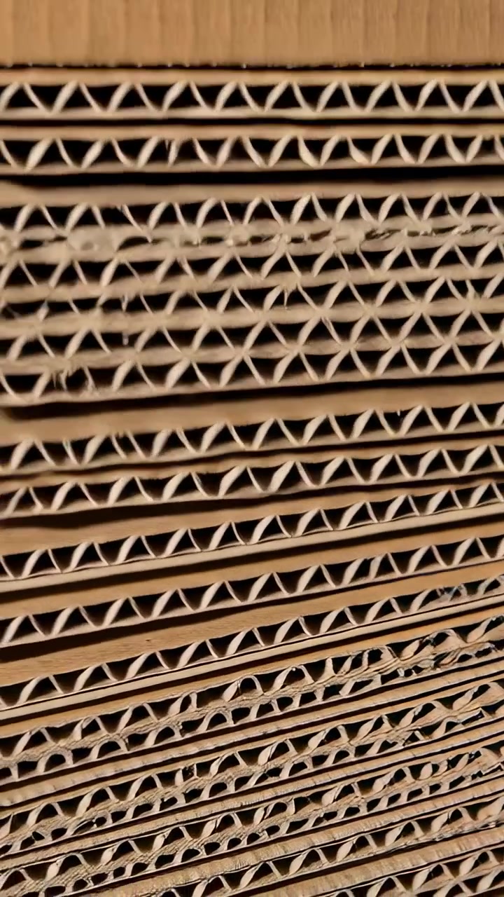 Vertical video: Pulling camera showing stacked fluted cardboard sheets on shelf, revealing textures