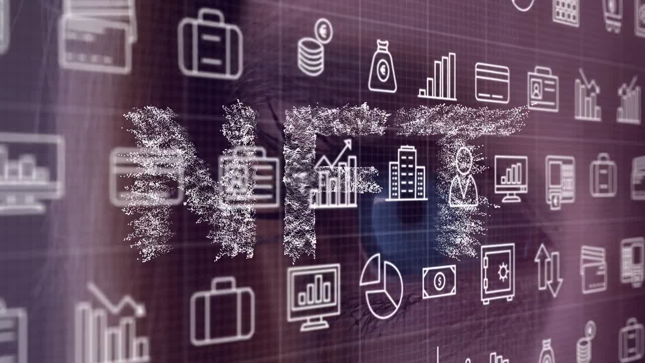 animación de iconos y texto nft en primer plano de una mujer caucásica