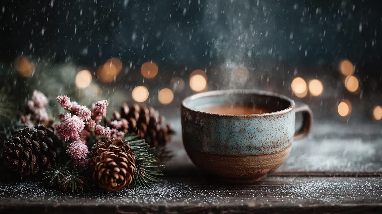 A Cozy Winter Scene Featuring a Warm Cup of Hot Beverage Surrounded by Pinecones and Holiday Decorations Under a Soft Snowfall with Blurred Lights