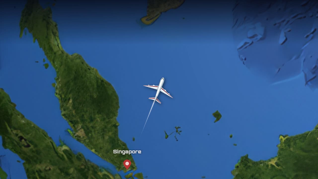 Satellittanimasjon sporer et kommersielt fly som flyr fra Singapore nordover til Guangzhou, Kina