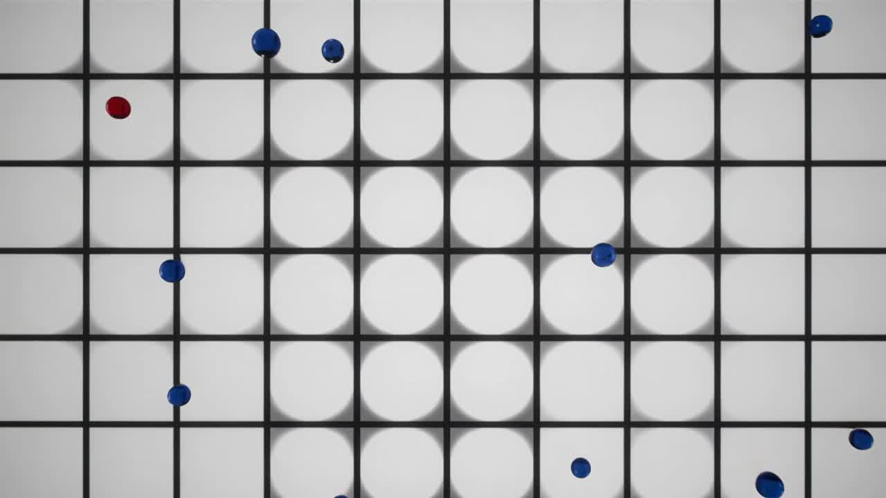 Scattering red-blue sphere cluster moving on white grid recesses after burst mixing orange plume
