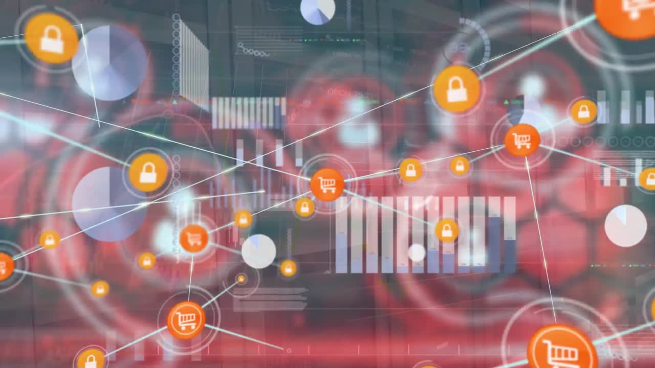 анимация сети цифровых икон и обработка данных через компьютерную серверную комнату.