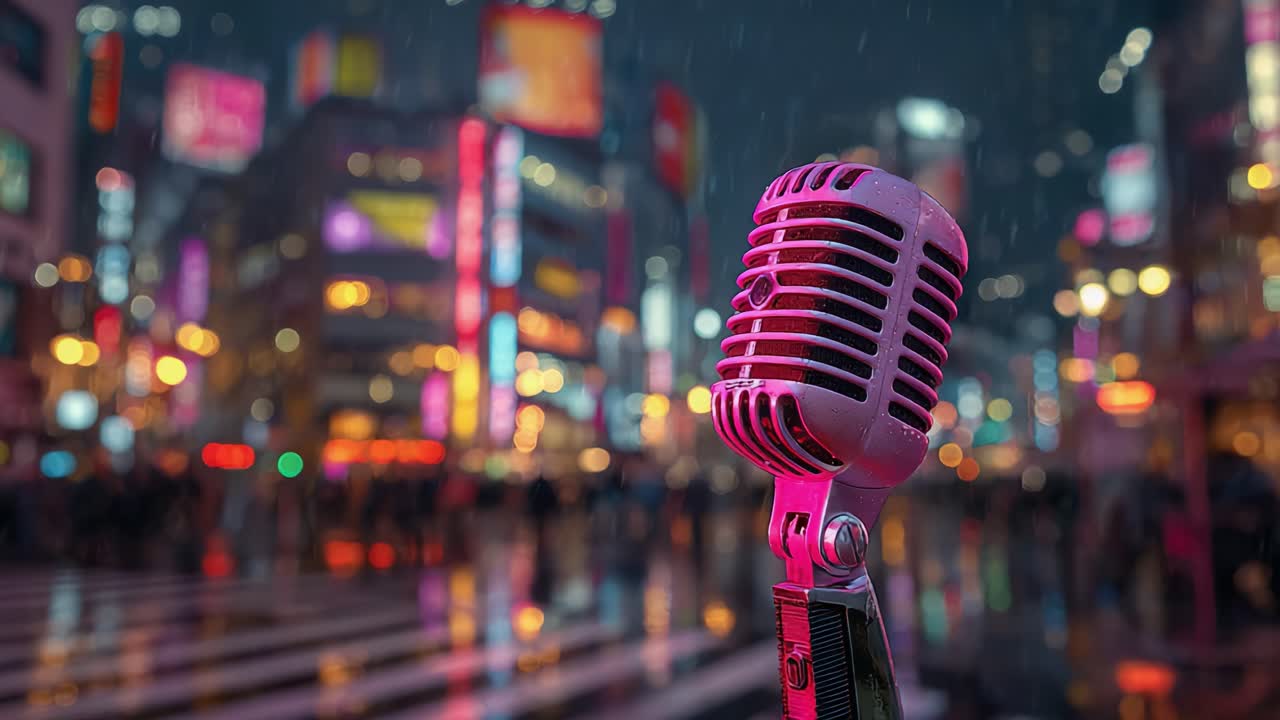 A Captivating Neon Scene Featuring a Retro Microphone in a Vibrant Urban Setting, Emphasizing Nightlife and Entertainment Under Raindrops