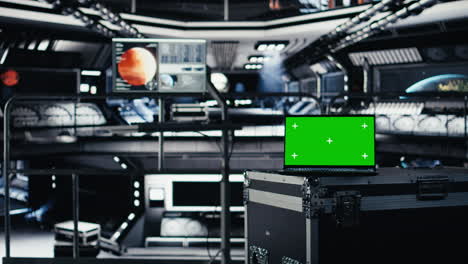 close up of green screen mockup laptop in spacecraft on top of cargo container