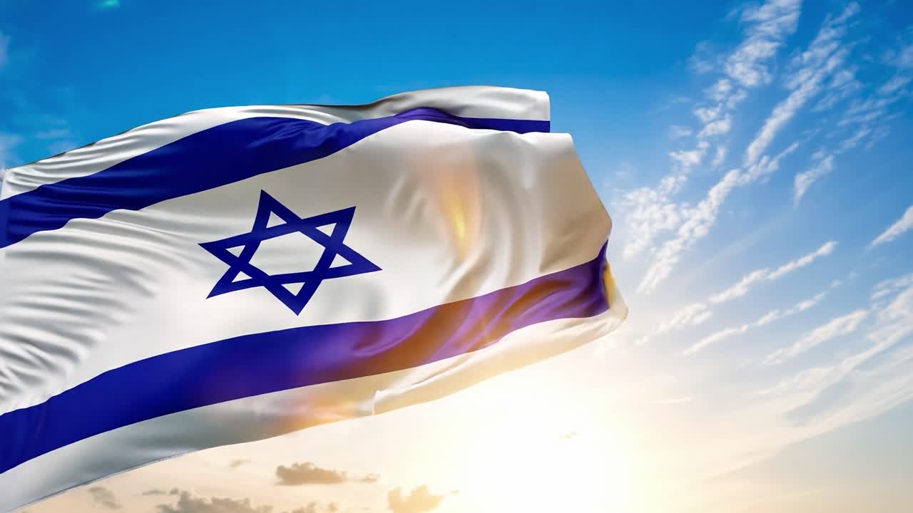 Bandiera israeliana che sventola contro un cielo blu.