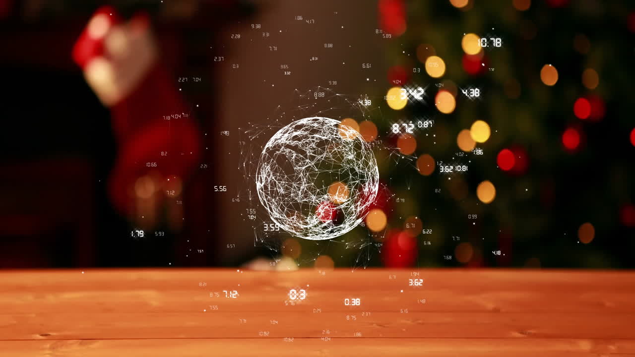 Digital globe with data points animation over festive Christmas background