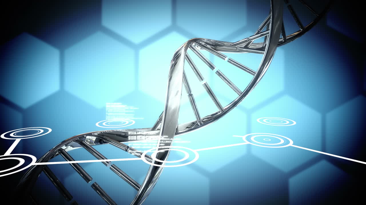 Animation of dna strand and data processing over black background