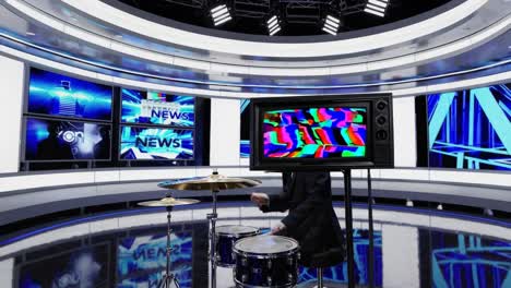 drummer in a news studio with a retro tv