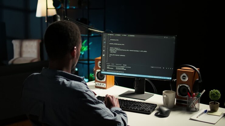 African american expert at desk using pc for programming and data analysis