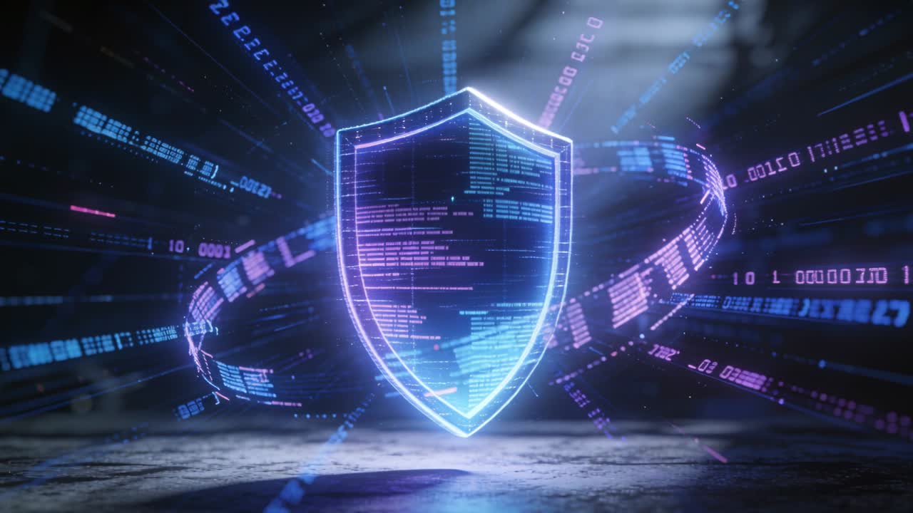 Vertical video: Sending pulse, holo shield pulsing in warehouse, orbiting code ribbon guarding data